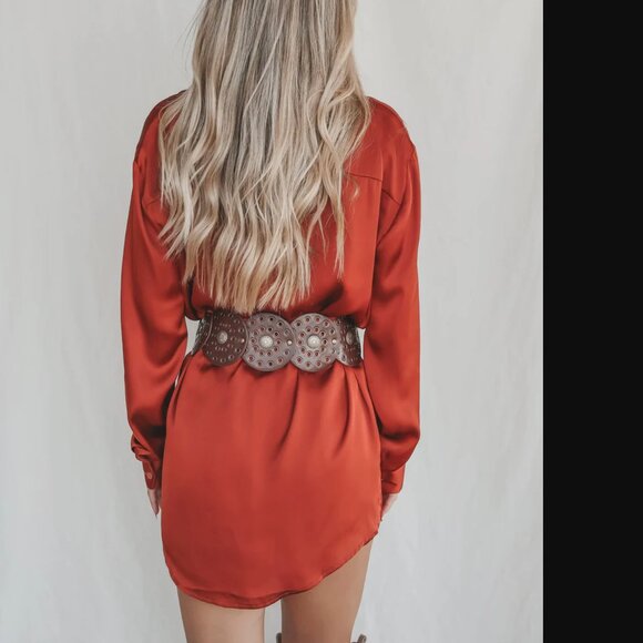 Shirt Dress Romper in Burnt Orange Sunset Satin Waist Tie Long Sleeve Button Dow - Picture 3 of 4